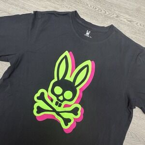 Psycho Bunny T Shirt Mens Large Black Neon Logo Skull Crossbones Pima Cotton